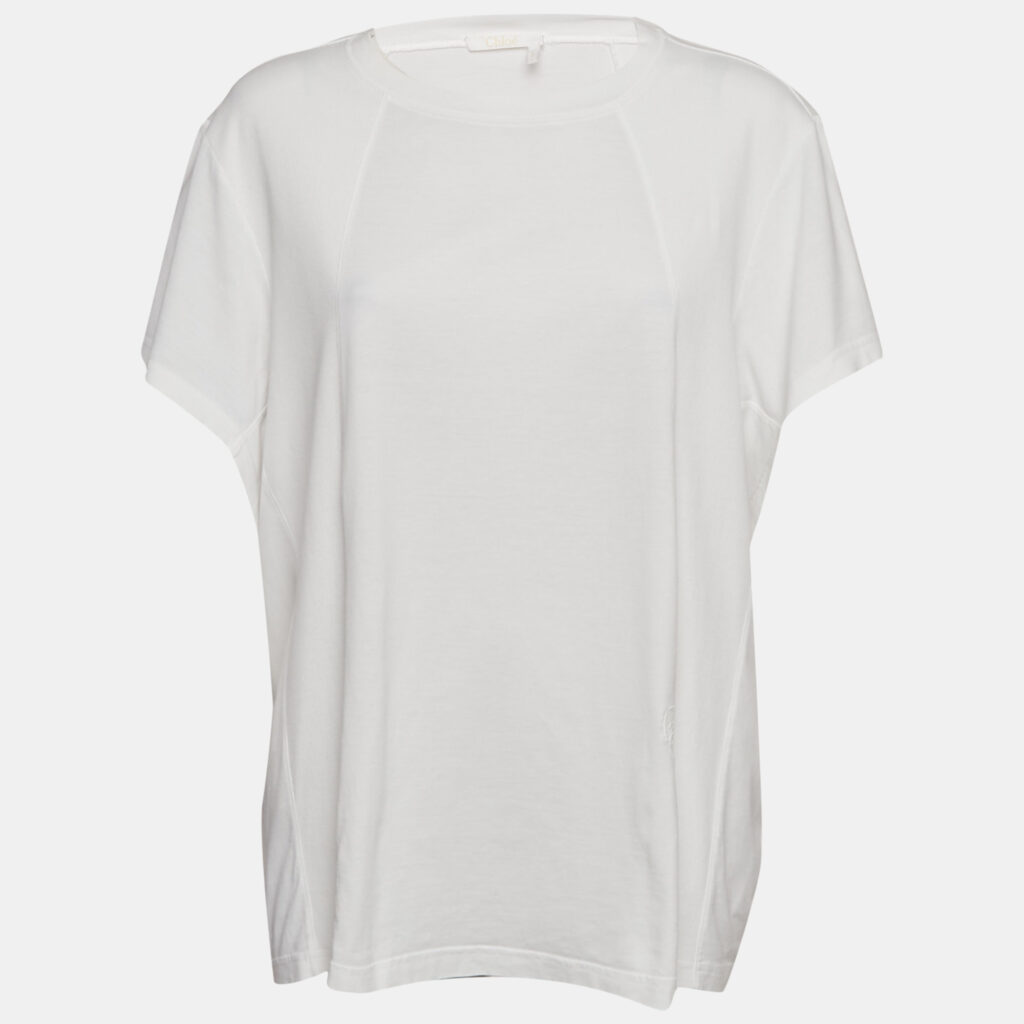 Chloe White Rib Knit and Jersey Crew Neck T-Shirt M