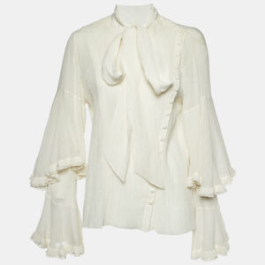 Chloe Iconic Milk White Cotton Blend Ruffled Tie-Up Neck Blouse L