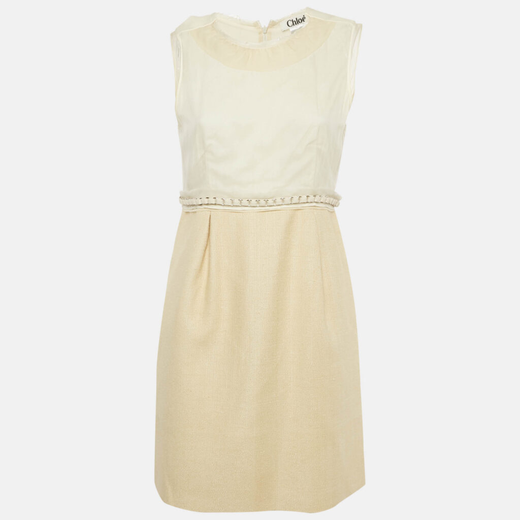 luxury-women-chloe-used-clothes-p1108655-001 Chloe Cream Jute and Silk Sleeveless Mini Dress M