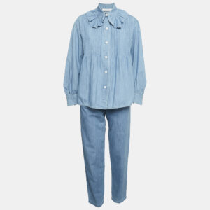 Chloe Blue Eternal Blue Denim Ruffled Blouse and Trousers Set S