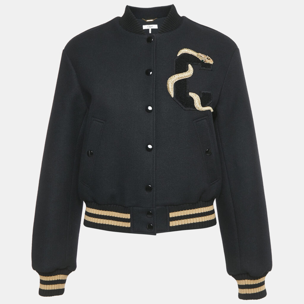 luxury-women-chloe-used-clothes-p1141554-006 Chloe Black Snake Embroidered Wool Drill Bomber Jacket S