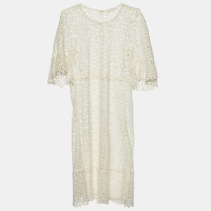 Chloe Eggshell White Guipure Lace Sheer Knee Length Dress M