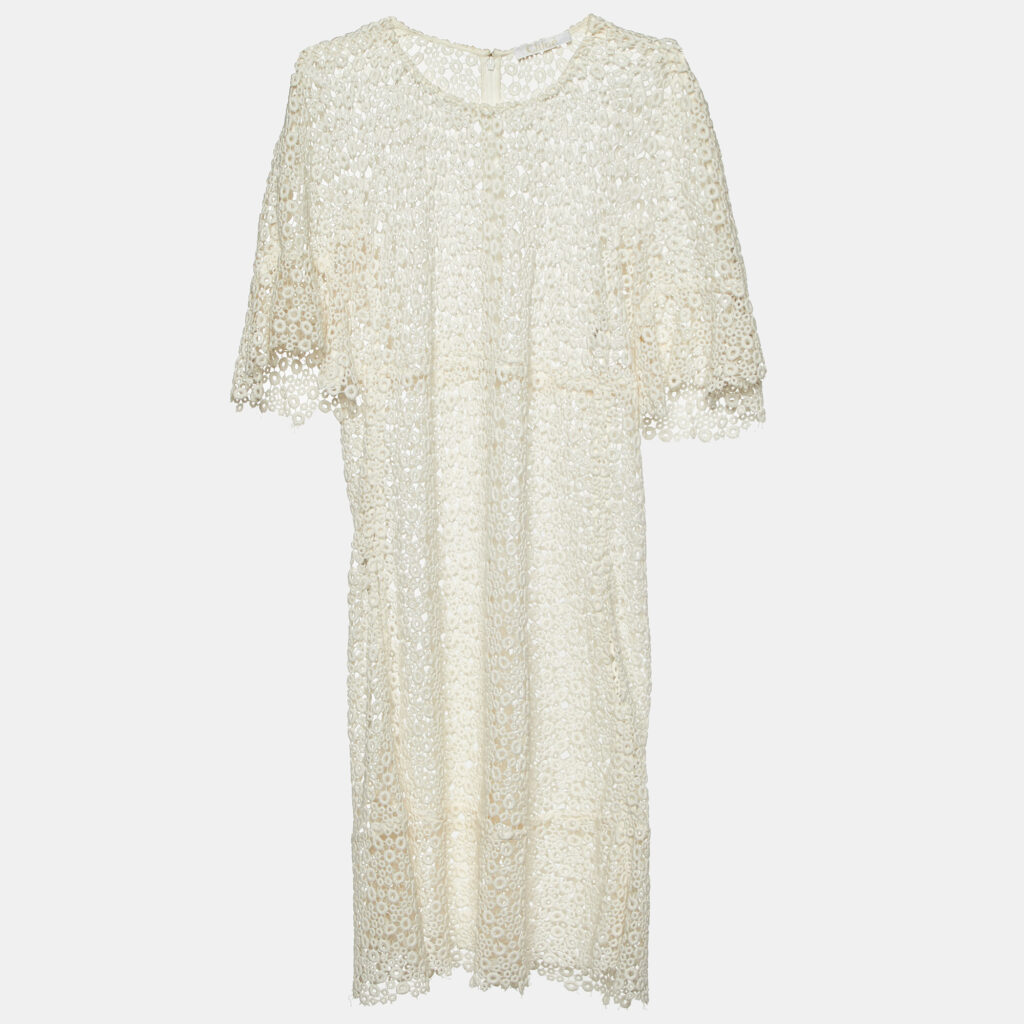 luxury-women-chloe-used-clothes-p1144725-005 Chloe Eggshell White Guipure Lace Sheer Knee Length Dress M