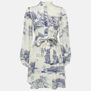 chloe cream/blue printed silk mini dress s