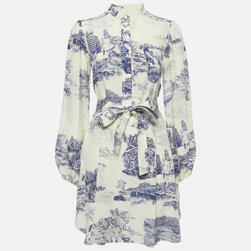 luxury-women-chloe-used-clothes-p1150081-001.jpg Chloe Cream/Blue Printed Silk Mini Dress S