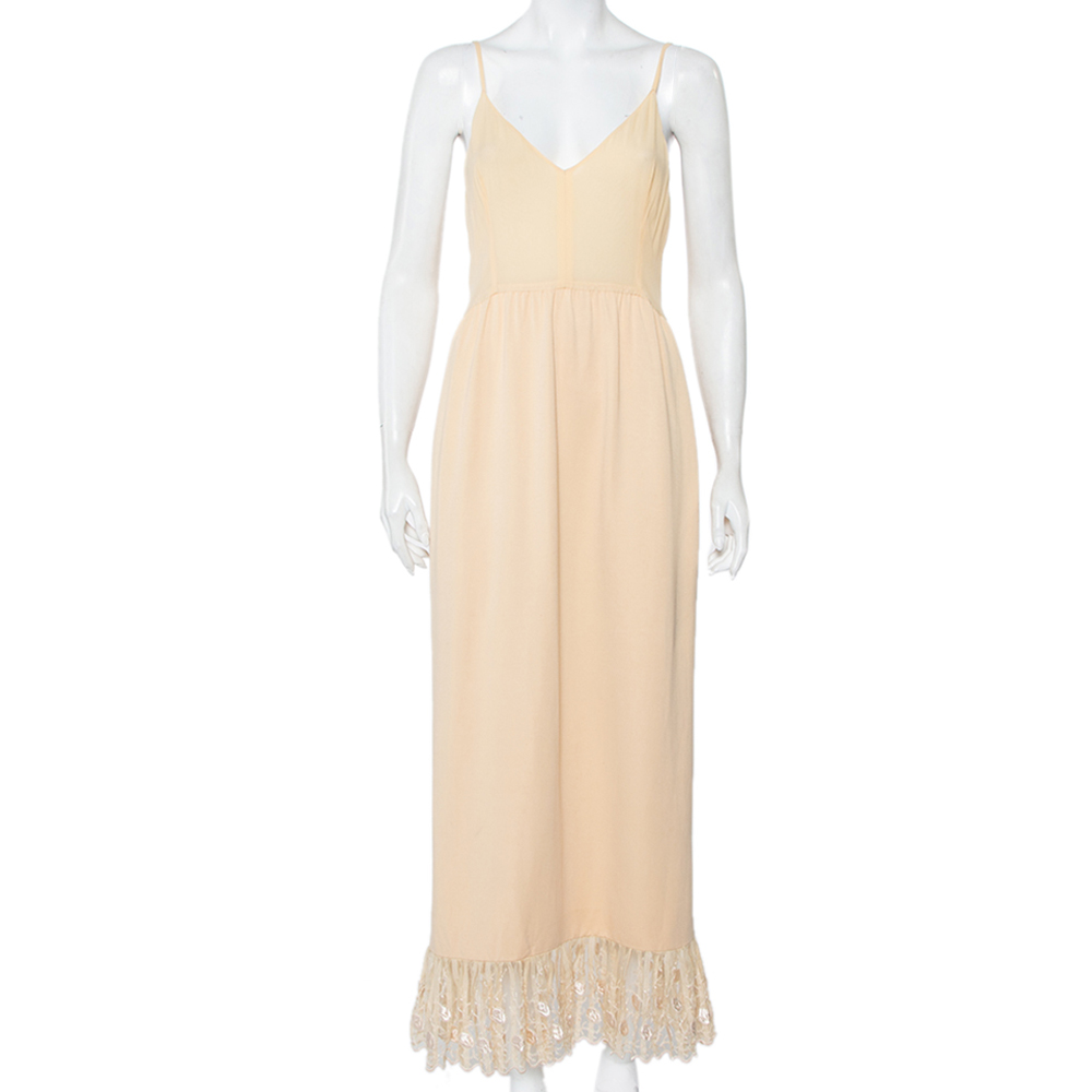 luxury-women-chloe-used-clothes-p457860-003 Chloe Vintage Beige Silk & Crepe Paneled Lace Trim Maxi Dress M