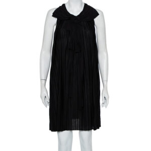 Chloe Black Pleated Silk Bow Detail Flared Noir Dress XS