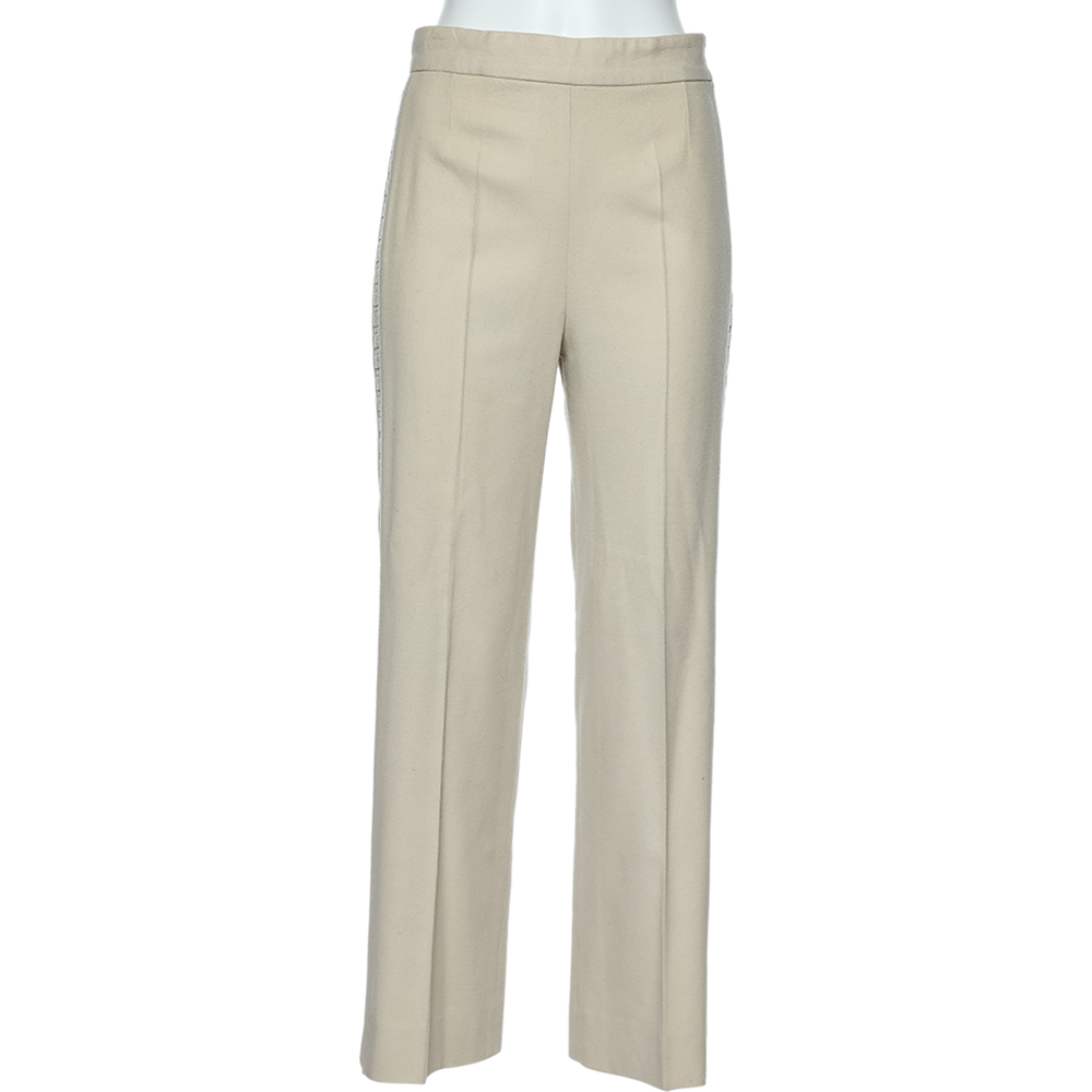 Chloe Cream Wool Side Trim Detail Parallel Trousers M