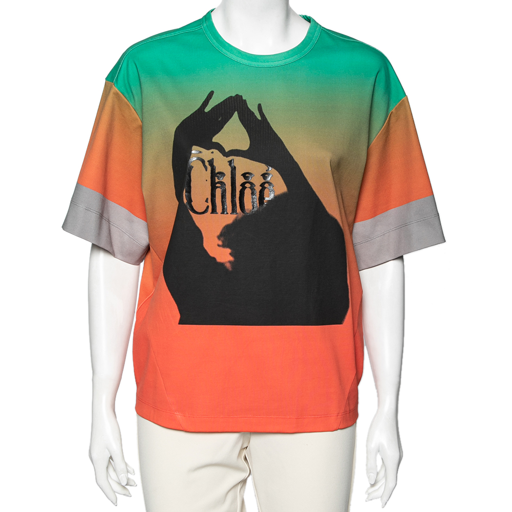 luxury-women-chloe-used-clothes-p591906-009-2 Chloe Orange & Green Ombre Cotton Logo Printed T-Shirt M