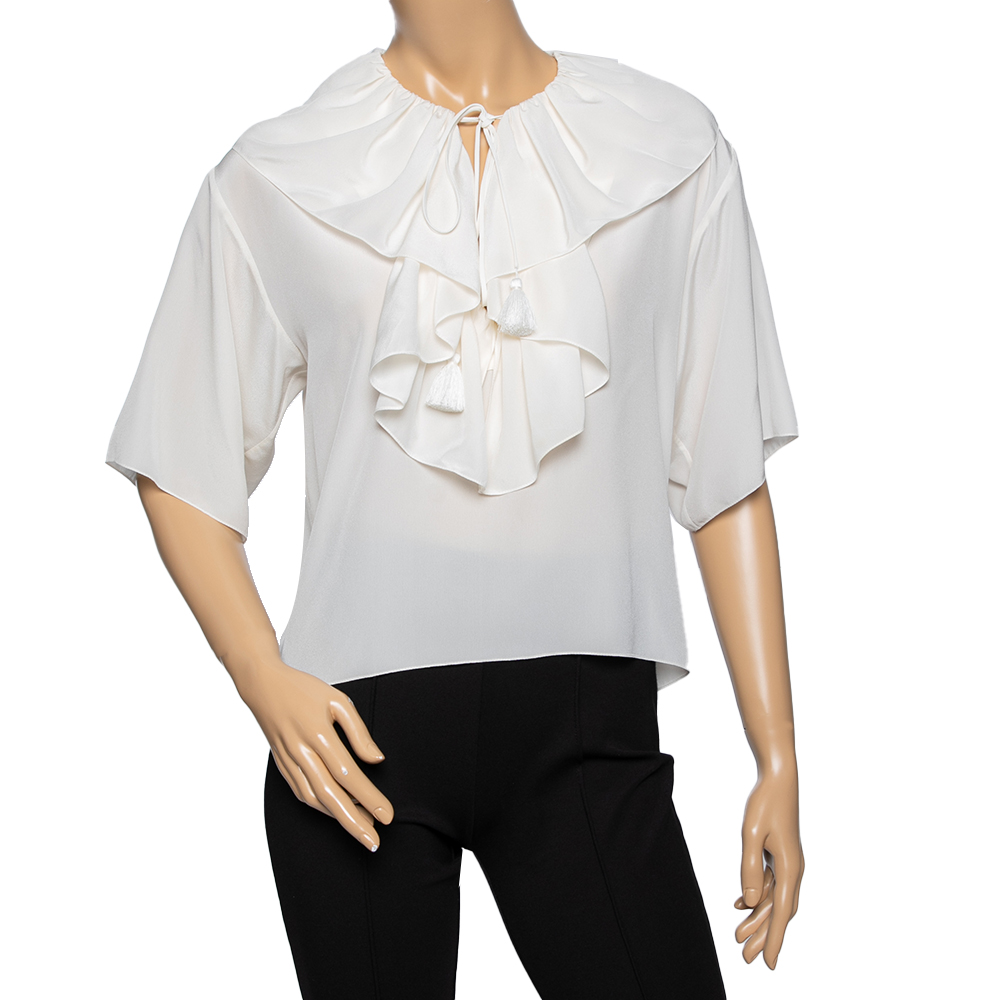 luxury-women-chloe-used-clothes-p596568-002-1 Chloe Off White Silk Ruffle Trimmed Neck Tie Detail Blouse S
