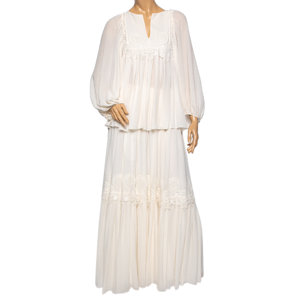 Chloe Cream Crinkle Silk Lace Trim Detailed Blouse and Skirt S