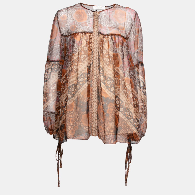 luxury-women-chloe-used-clothes-p638475-1654234007-007 Chloe Rust Orange Printed Silk Chiffon Gathered Sleeve Detail Blouse L