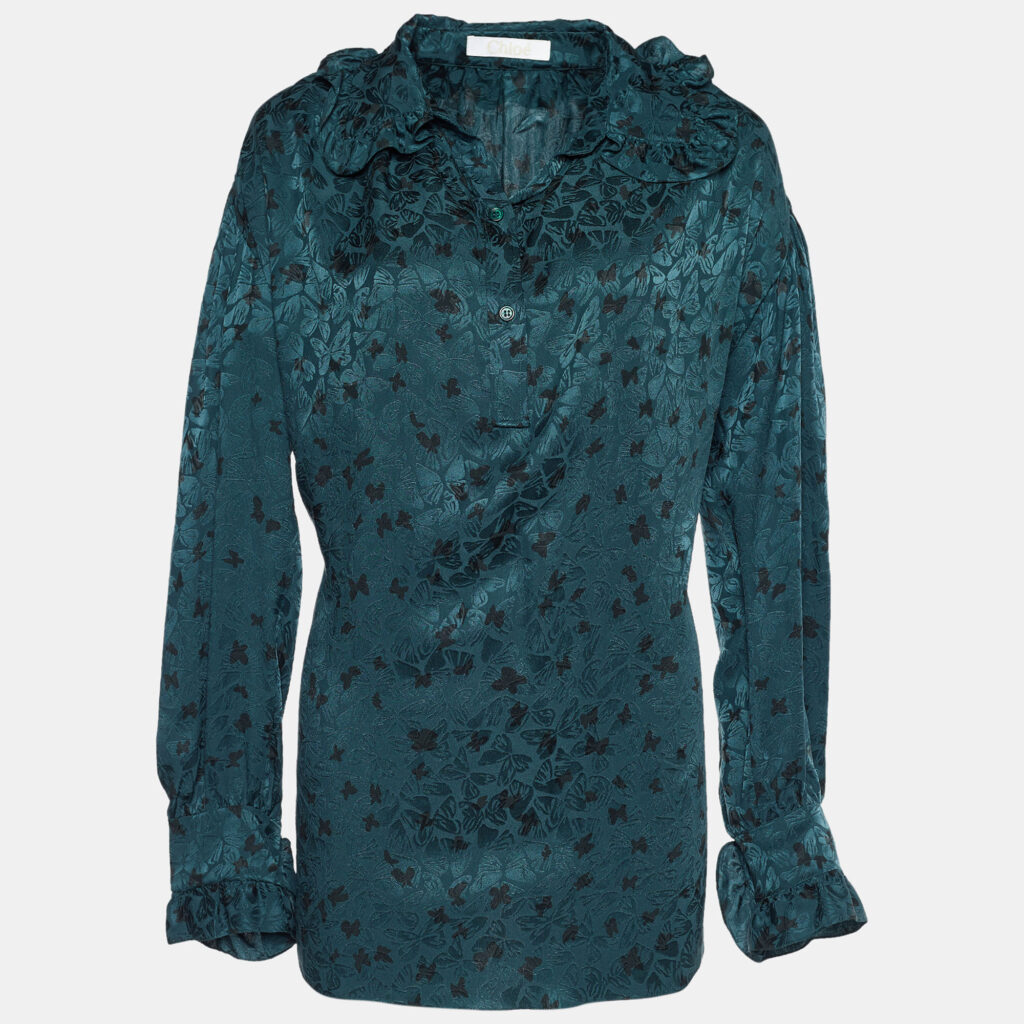 luxury-women-chloe-used-clothes-p653516-006-1 Chloe Green Silk Butterfly Jacquard Oversized Blouse M