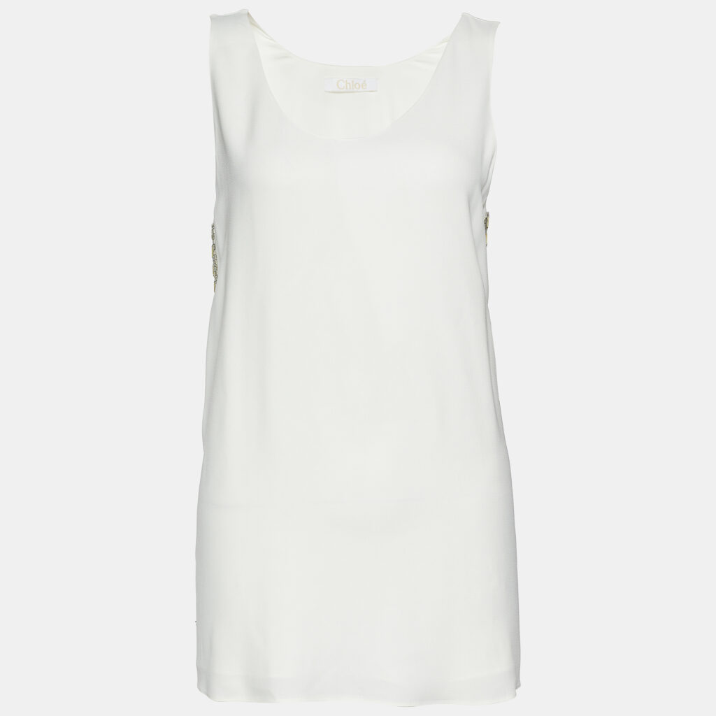 luxury-women-chloe-used-clothes-p653577-001-1 Chloe Off-White Crepe Embellished Sleeveless Blouse M