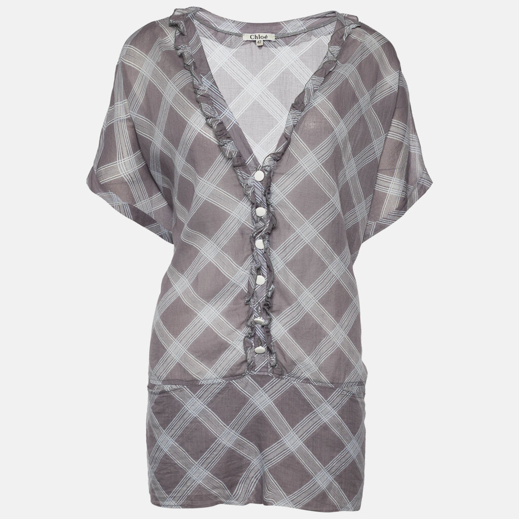 luxury-women-chloe-used-clothes-p692631-001-1 Chloe Grey Check Print Cotton Ruffle Detail Oversized Blouse L