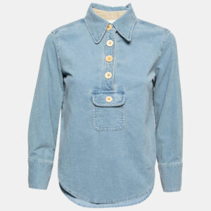 Chloe Light Blue Corduroy Pocket Detail Collared Top S