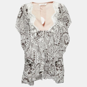 Chloe White/Brown Floral Print Silk Ruffled Boho Kaftan Blouse L