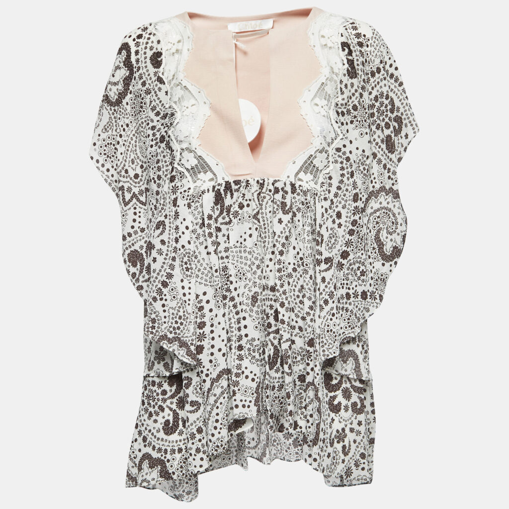 luxury-women-chloe-used-clothes-p862616-001 Chloe White/Brown Floral Print Silk Ruffled Boho Kaftan Blouse L