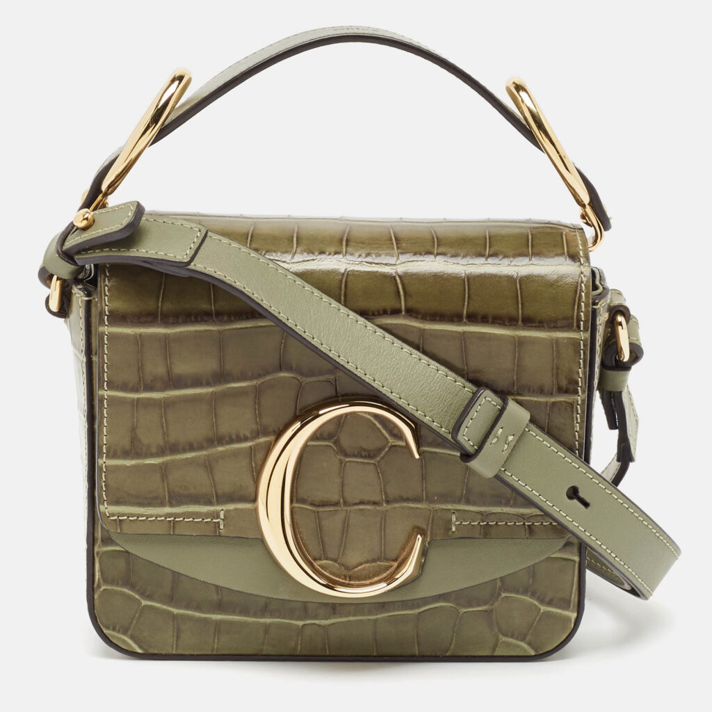 luxury-women-chloe-used-handbags-p1045604-014 Chloé Two Tone Green Croc Embossed Leather Mini C Top Handle Bag