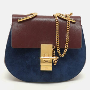 Chloe Dark Brown/Blue Leather and Suede Small Drew Shoulder Bag