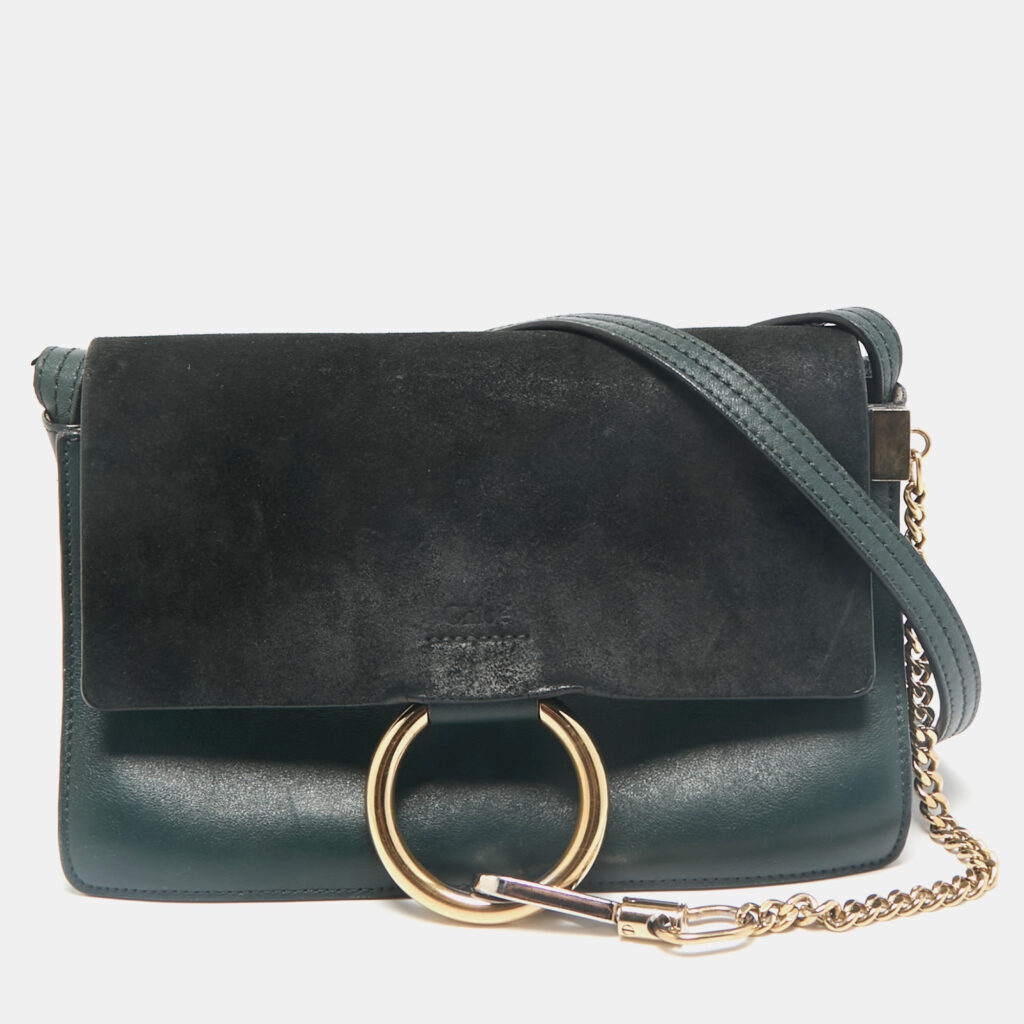 luxury-women-chloe-used-handbags-p1156018-016.jpg Chloe Dark Green Leather and Suede Small Faye Shoulder Bag