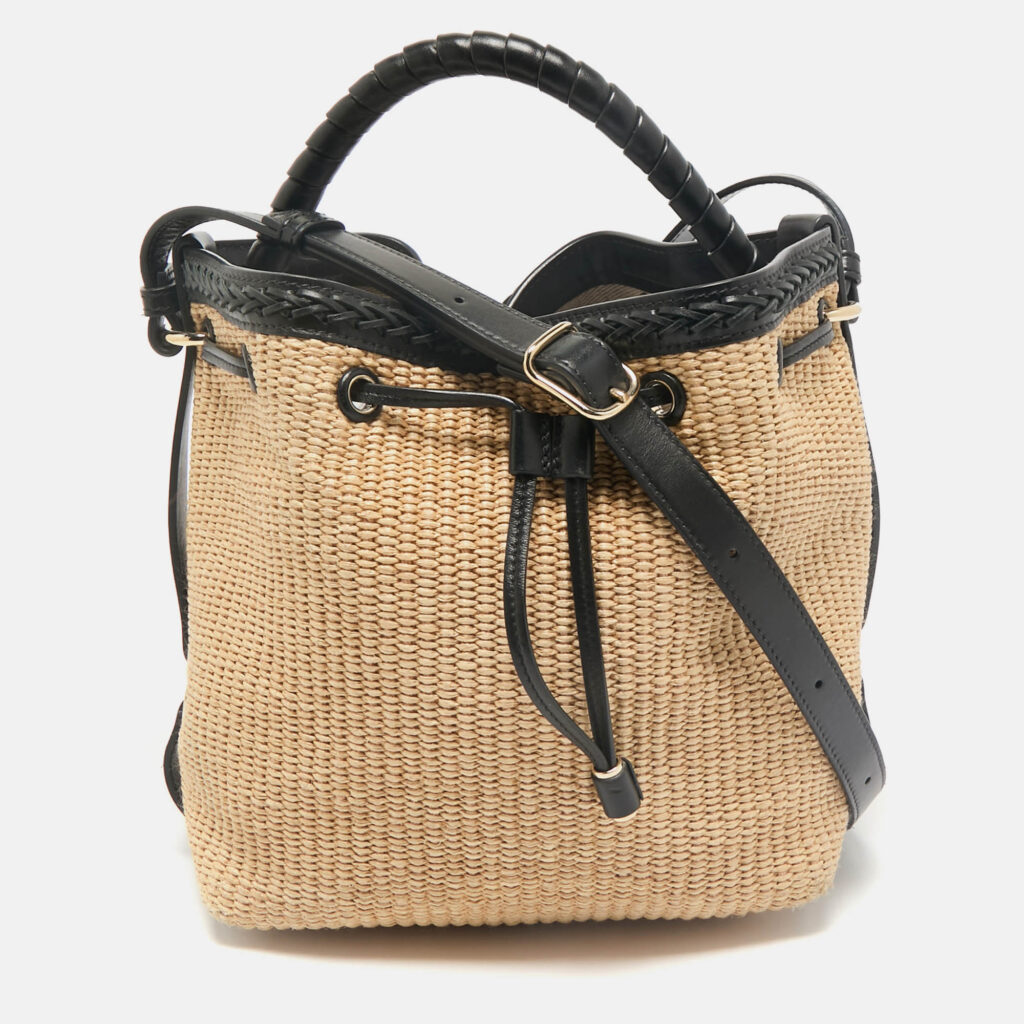 luxury-women-chloe-used-handbags-p1157242-010.jpg Chloe Beige/Black Raffia and Leather Marcie Bucket Bag