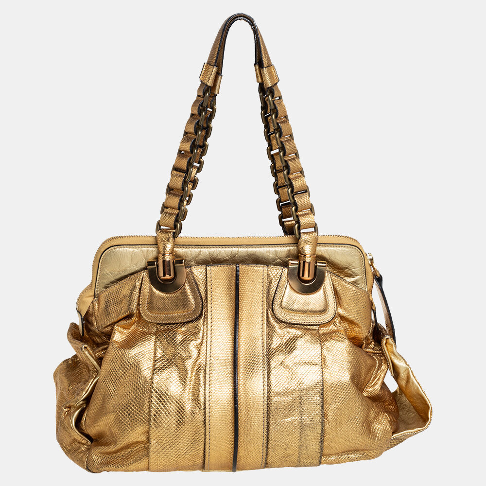 luxury-women-chloe-used-handbags-p417679-016 Chloé Metallic Gold Embossed Leather Heloise Satchel