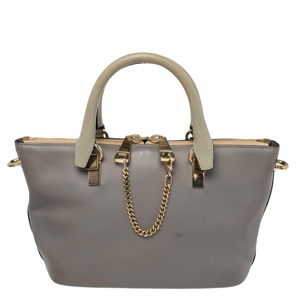 luxury-women-chloe-used-handbags-p515366-008-1 Chloe Grey/Beige Leather Small Baylee Tote