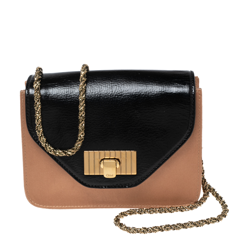 luxury-women-chloe-used-handbags-p618641-005-1 Chloe Black/Beige Leather and Satin Mini Sally Shoulder Bag
