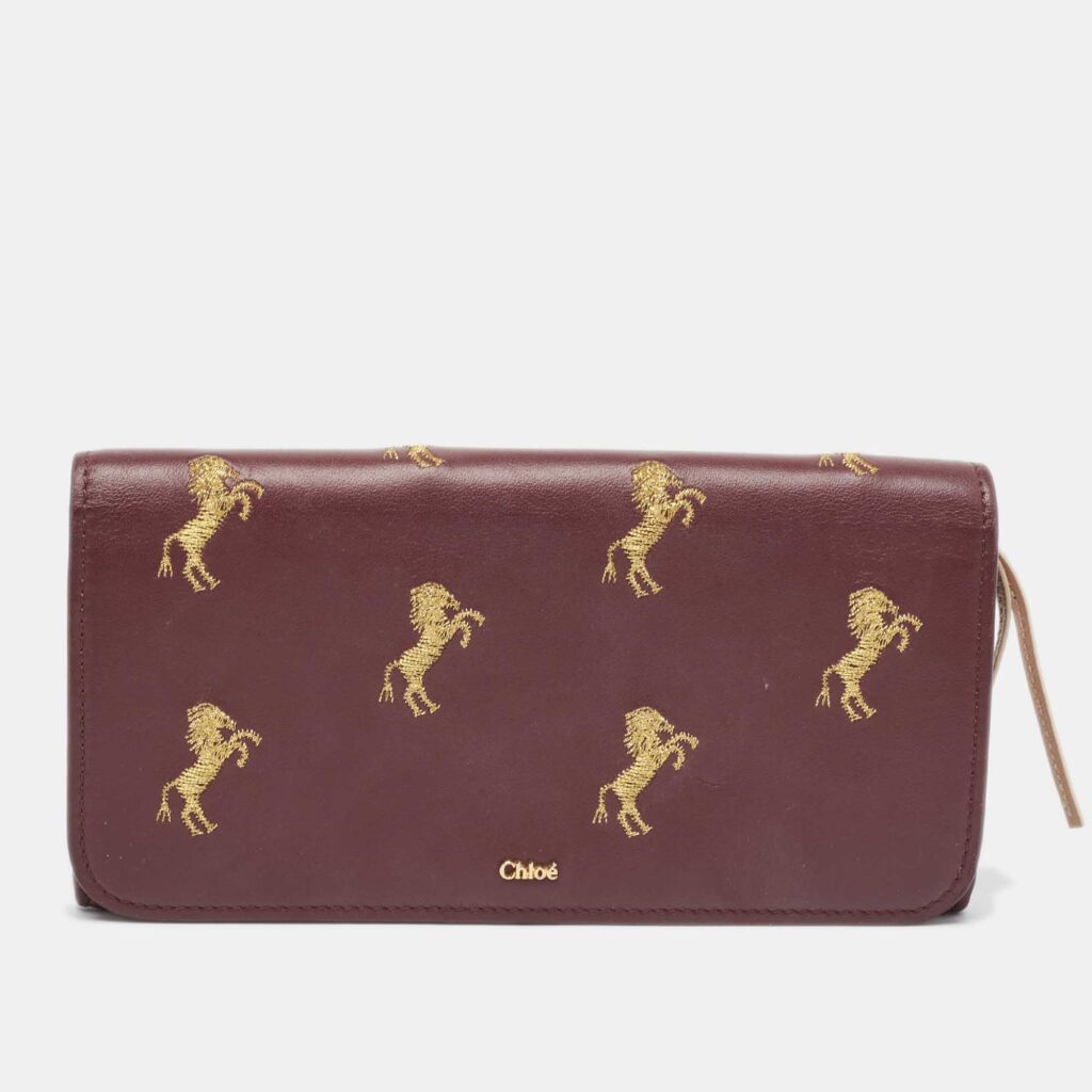 luxury-women-chloe-used-handbags-p970744-007 Chloe Burgundy Leather Horse Embroidered Flap Continental Wallet