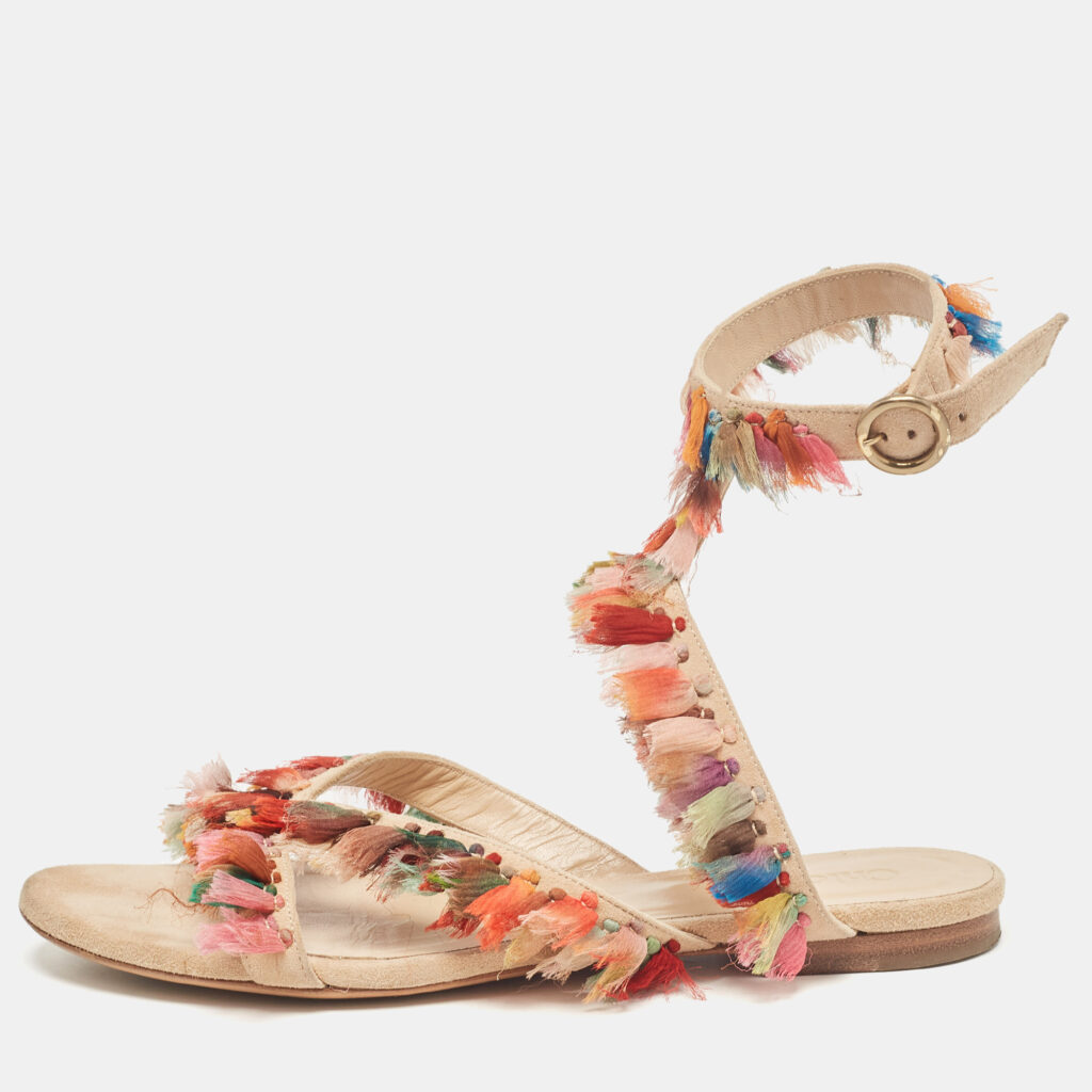 luxury-women-chloe-used-shoes-p1029488-001 Chloe Multicolor Suede and Silk Tassel Liz Flat Sandals Size 36