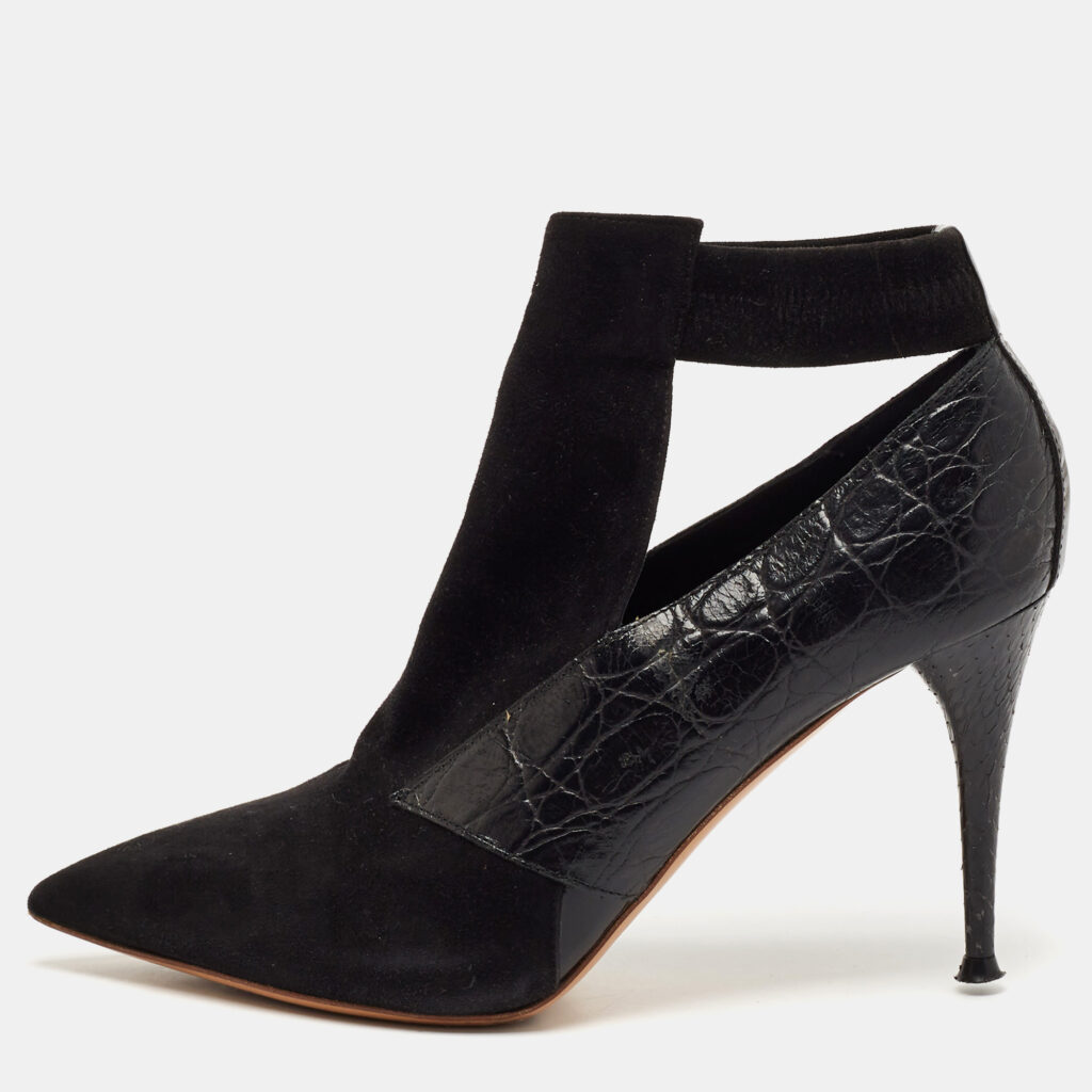 Chloe Black Croc Embossed Leather and Suede Ankle Length Boots Size 36
