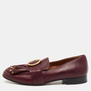 Chloe Burgundy Leather Fringe Gold Tips Details Slip On Loafers Size 40