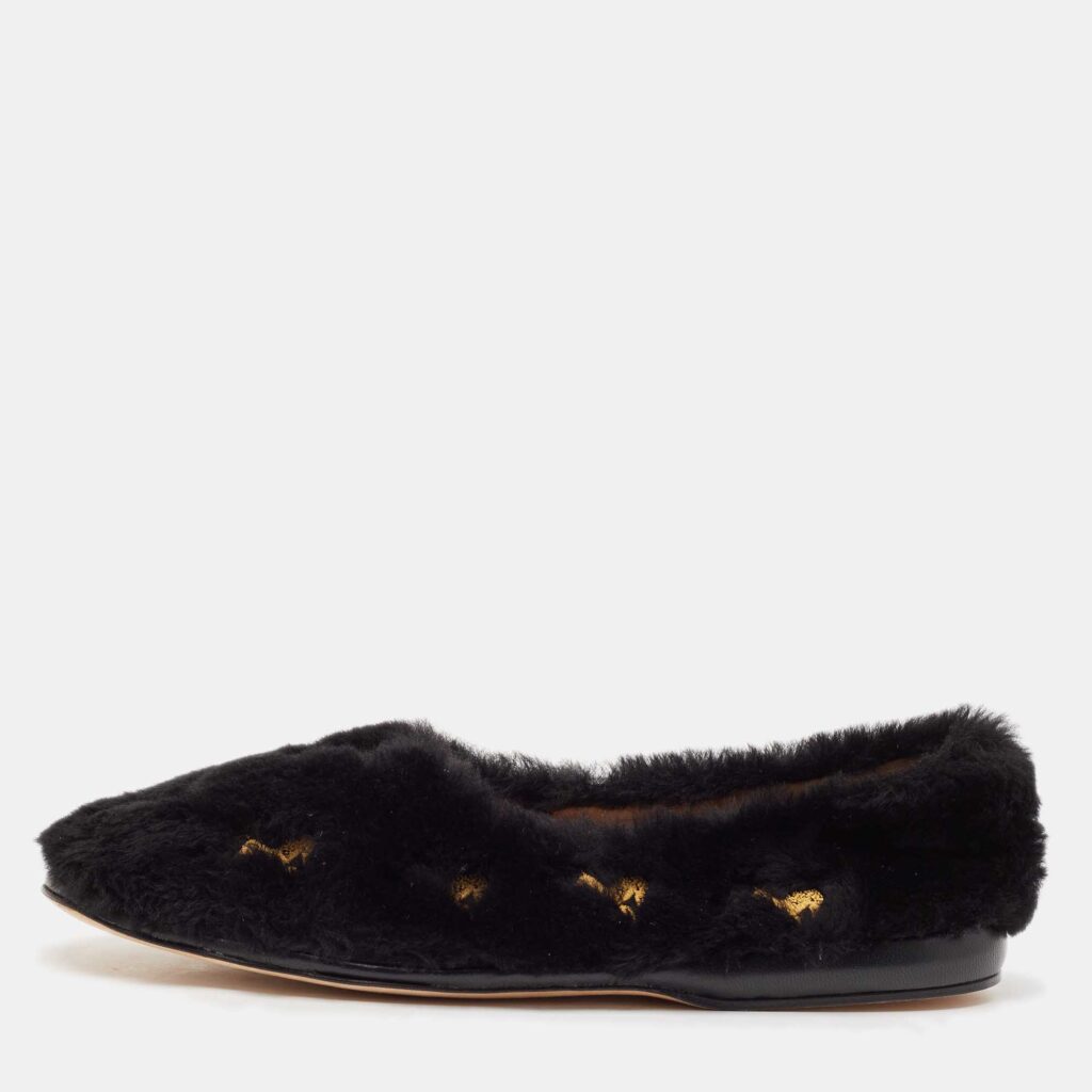 Chloe Black Fur Horse Embroidered Ballet Flats Size 40