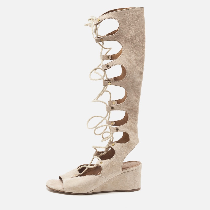 Chloe Beige Suede Gladiator Wedge Ankle Wrap Sandals Size 36.5