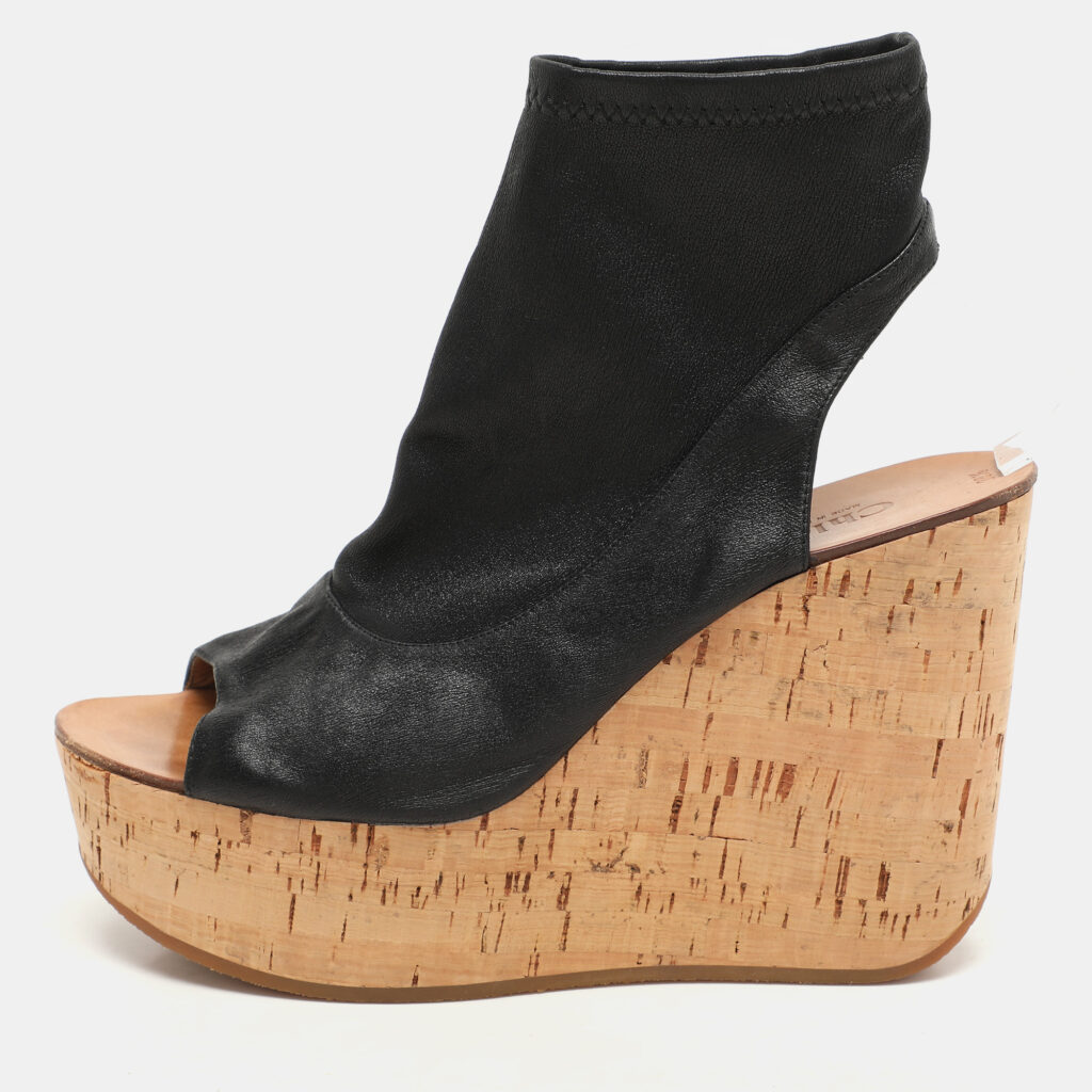 luxury-women-chloe-used-shoes-p1137934-008 Chloe Black Leather Cork Wedge Cut Out Boots Size 38.5