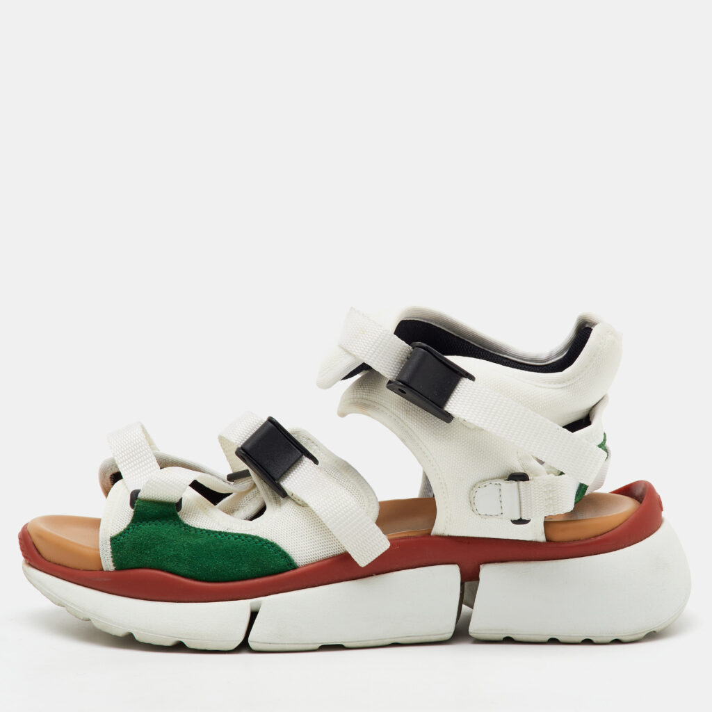 luxury-women-chloe-used-shoes-p1138972-005 Chloé White/Green Fabric and Suede Sonnie Ankle Strap Sandals Size 39