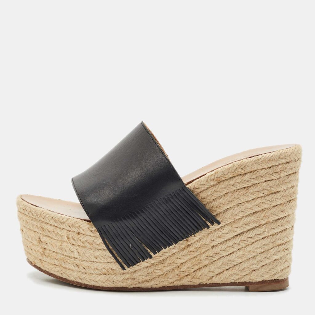 luxury-women-chloe-used-shoes-p1152320-003 Chloe Black Leather Estel Wedge Slide Sandals Size 36