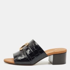 Chloe Black Croc Embossed Leather  C Logo Mules Size 40