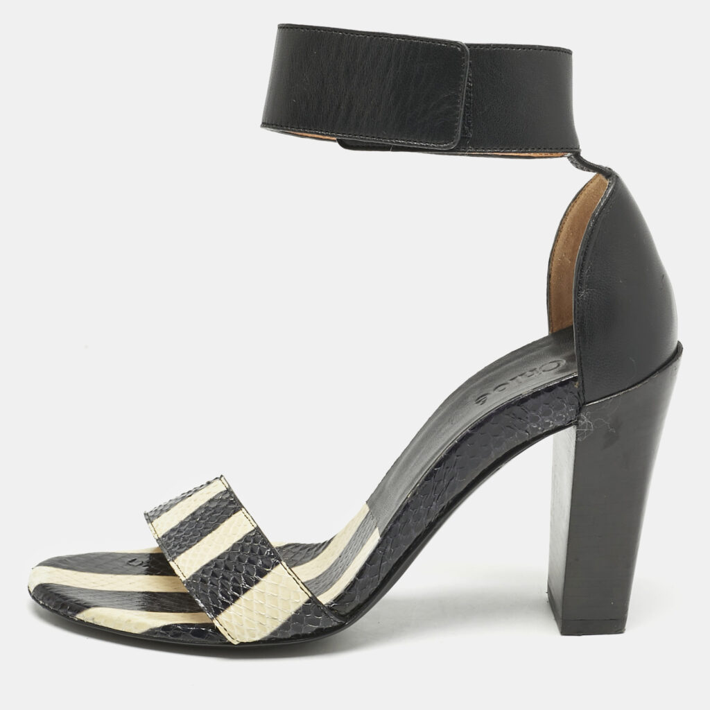 luxury-women-chloe-used-shoes-p1153327-003 Chloe Black/BeigeSnakeskin and Leather Ankle Strap Sandals Size 36