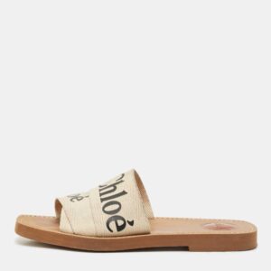 Chloe Off White Logo Print Canvas Woody Flat Slides Size 38