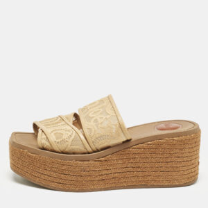 Chloe Beige Canvas Logo Print Woody Wedge Platform Slide Sandals Size 39