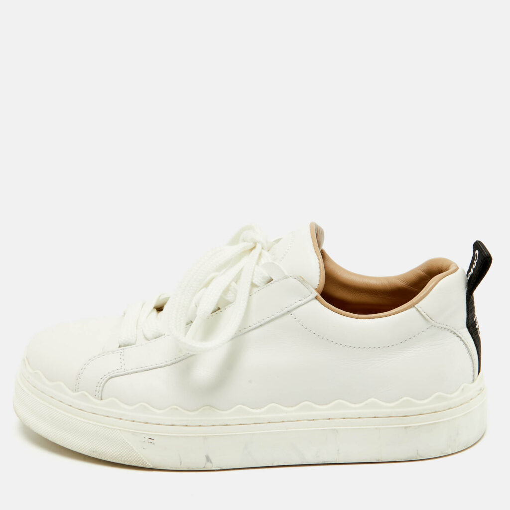 Chloe White Leather Lauren Lace Up Sneakers Size 36