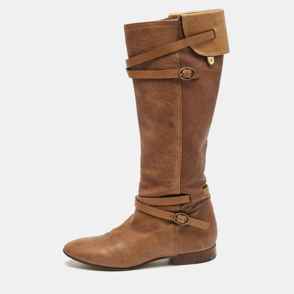luxury-women-chloe-used-shoes-p1159972-002 Chloe Brown Leather Strappy Buckle Knee Length Boots Size 38.5