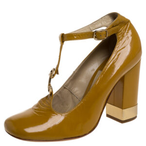 Chloe Yellow Leather T Strap Square Toe Pumps Size 37