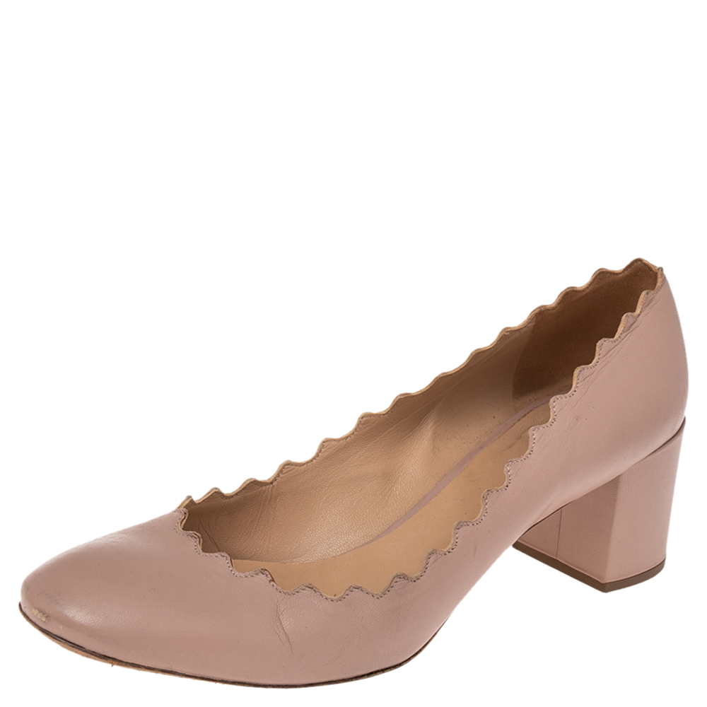 luxury-women-chloe-used-shoes-p508428-009-1 Chloe Beige Leather Lauren Scallop Trim Block Heel Pumps Size 40.5