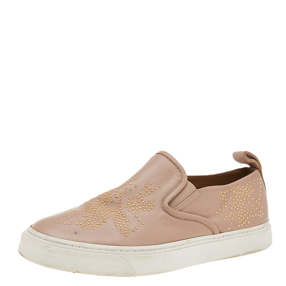 luxury-women-chloe-used-shoes-p557565-005-2 Chloe Beige Leather Embellished Slip On Sneakers Size 39