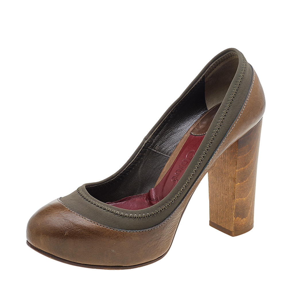 Chloe Brown/Olive Green Leather And Fabric Block Heel Platform Pumps Size 36