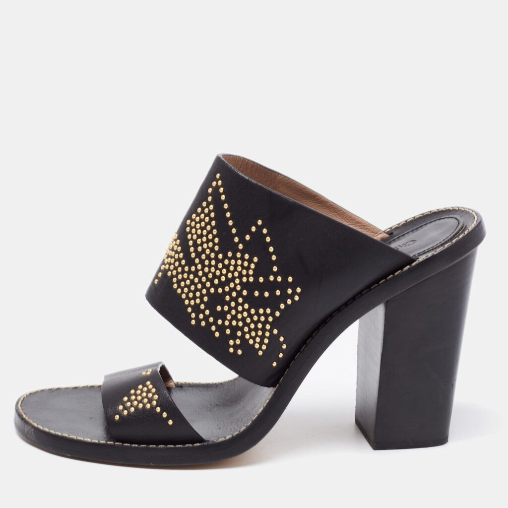 luxury-women-chloe-used-shoes-p661675-003-1 Chloe Black/Gold Studded Leather Slide Sandals Size 41
