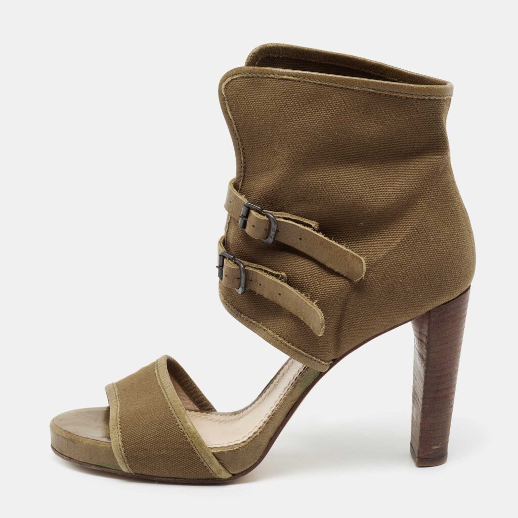 luxury-women-chloe-used-shoes-p675274-003-1 Chloe Brown Canvas and Leather Trim Ankle Sandals Size 38